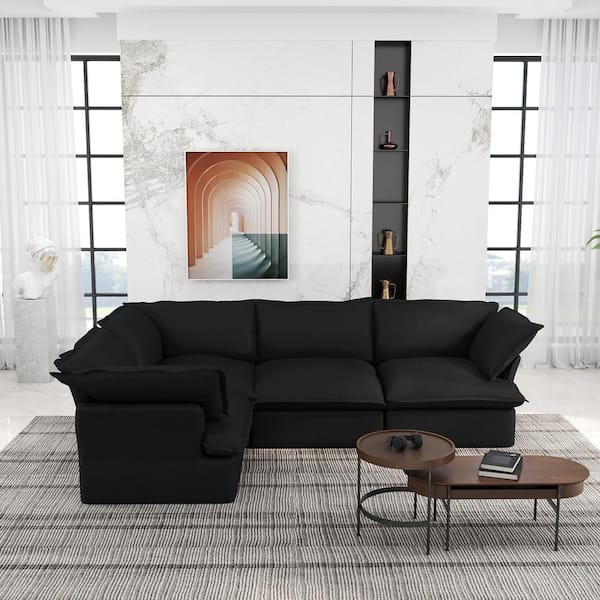 Magic Home 122.8 in. Flared Arm 4-Piece Linen L-Shaped Sectional Sofa Pine Wood Overstuffed Deep Seat Cloud Couch in. Black
