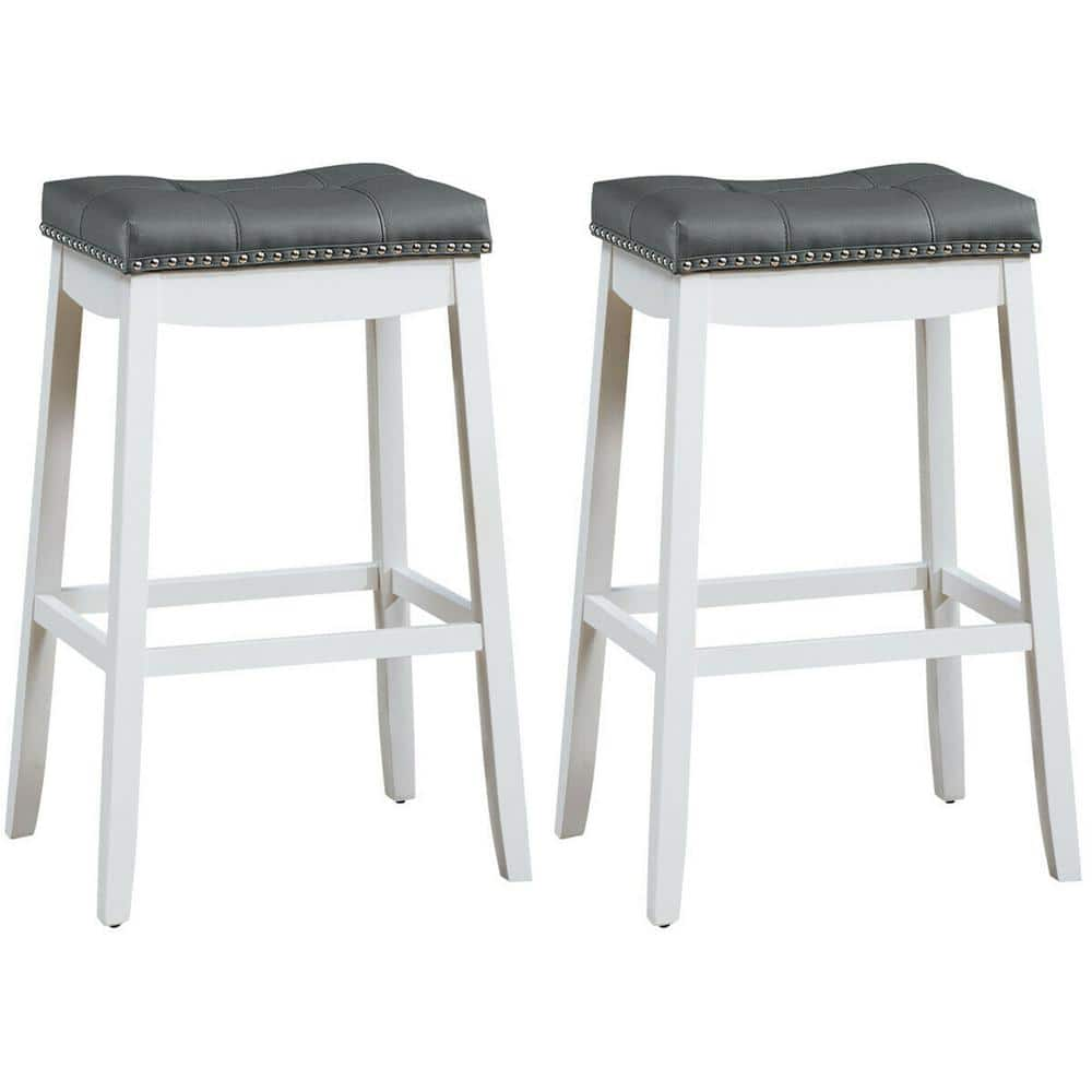 Gymax Nailhead Saddle 29 in. White Backless Wood Bar Stools Pub Chairs ...