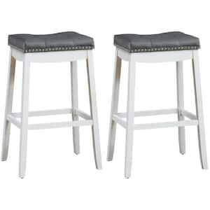 Nailhead Saddle 29 in. White Backless Wood Bar Stools Pub Chairs with Rubber Legs (Set of 2)