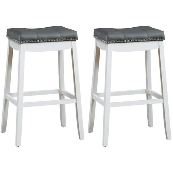 Gymax Nailhead Saddle 29 in. White Backless Wood Bar Stools Pub Chairs with Rubber Legs (Set of 2)
