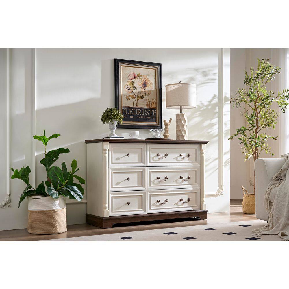 White 6-Drawer 47.24 in. Wide Chest of Drawers with Wooden Base Riser Trim Side Cabinet Storage Organizer Double Dresser