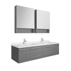 Lucera 60 in. W Wall Hung Vanity in Gray with Quartz Double Sink Vanity Top in White with White Basins, Medicine Cabinet