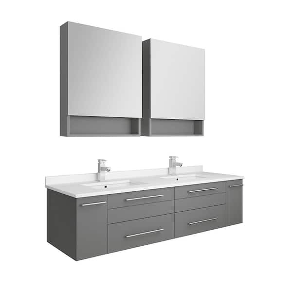 Fresca Lucera 60 in. W Wall Hung Vanity in Gray with Quartz Double Sink