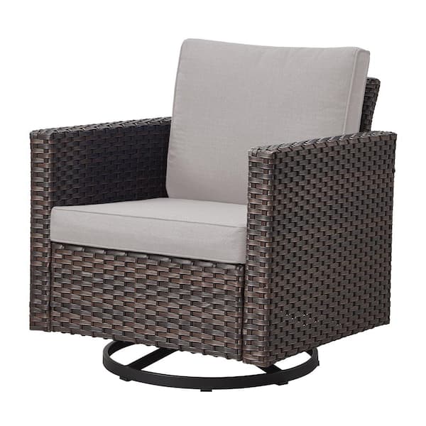 Pocassy Outdoor Swivel Brown Wicker Outdoor Rocking Chair with CushionGuard Beige Cushions Patio