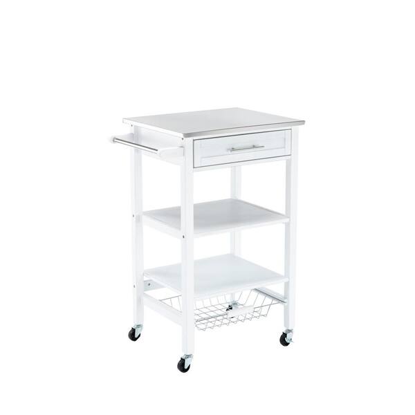 Boraam Hennington White Wash Kitchen Cart with Stainless Steel Top
