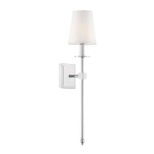 Monroe 5 in. W x 24 in. H 1-Light Polished Nickel Wall Sconce with White Fabric Shade