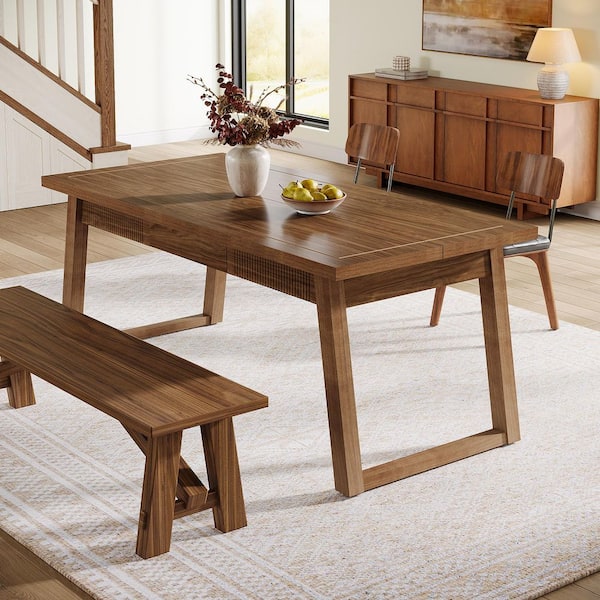 Moronia Walnut Brown Wood 55 in. Trestle Dining Table Seats 6, Mid-Century Dinner Kitchen Table with Solid Wood Legs