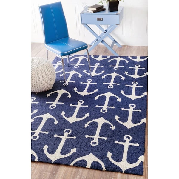 Nautical Anchors Navy 8 ft. x 10 ft. Indoor/Outdoor Patio Area Rug