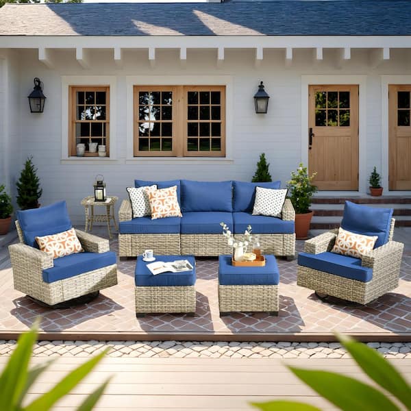 Kelleys 8-Piece Wicker Modern Outdoor Patio Conversation Sofa Set with Swivel Chairs and Navy-Blue Cushions