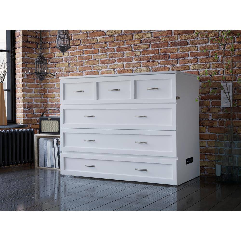 White Wood Frame Full Murphy Bed Chest with Storage Drawer