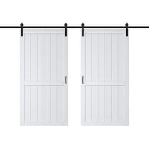 84 in. x 84 in.（Two 42 in. Slabs）Paneled H Shape MDF White Primed Sliding Barn Door Slab with Hardware Kit