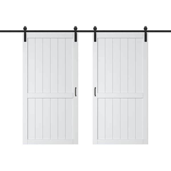 ARK DESIGN 84 in. x 84 in.（Two 42 in. Slabs）Paneled H Shape MDF White Primed Sliding Barn Door Slab with Hardware Kit