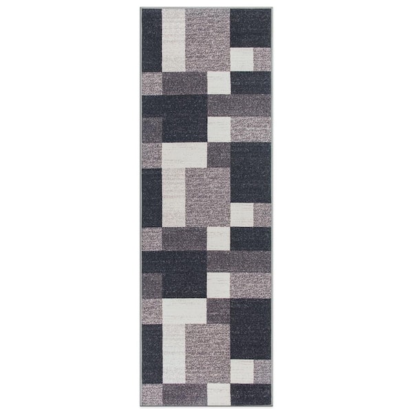 Geometric Boxes Design Non-Slip (Non-Skid) Gray 2 ft. 7 in.  x 10 ft.  Indoor Runner Rug