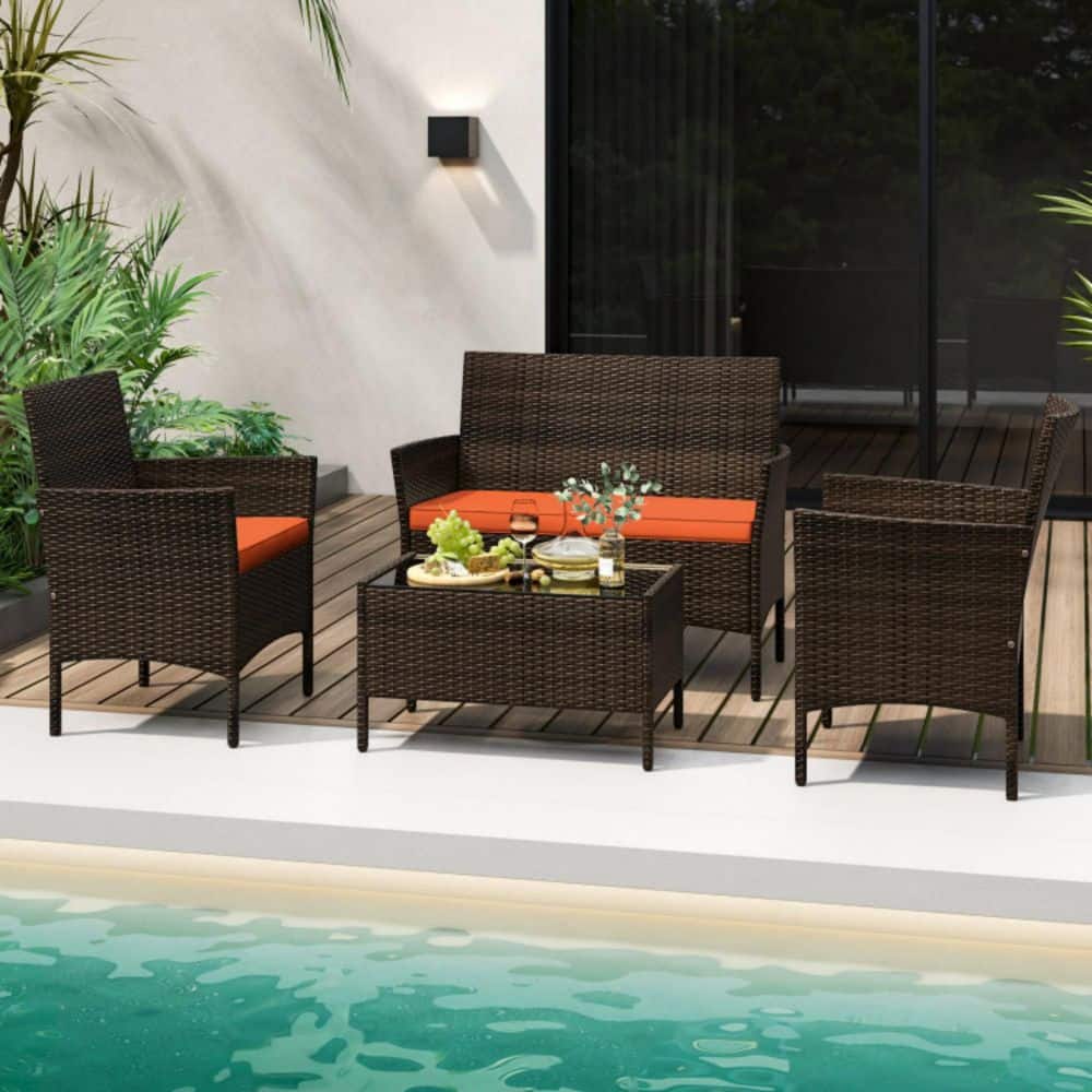 4-Piece Wicker Rattan Patio Conversation Set Outdoor Furniture Set with Orange Cushions price history on PriceWatchPro