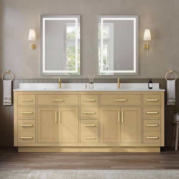 Beckett TK 84 in. Double Freestanding Rift Oak with Brushed Gold Trim Bath Vanity with White Quartz Top