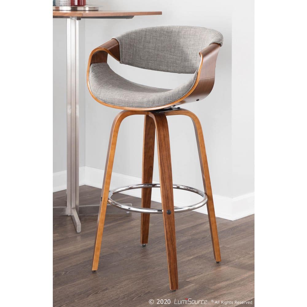 Walnut Wood & Grey Fabric Swivel Barstool with Mid-Century Charm