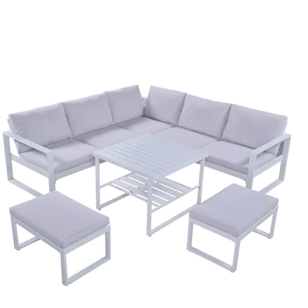 Polibi White 6-Pieces Metal Patio Sofa Conversation Set with Gray Cushion