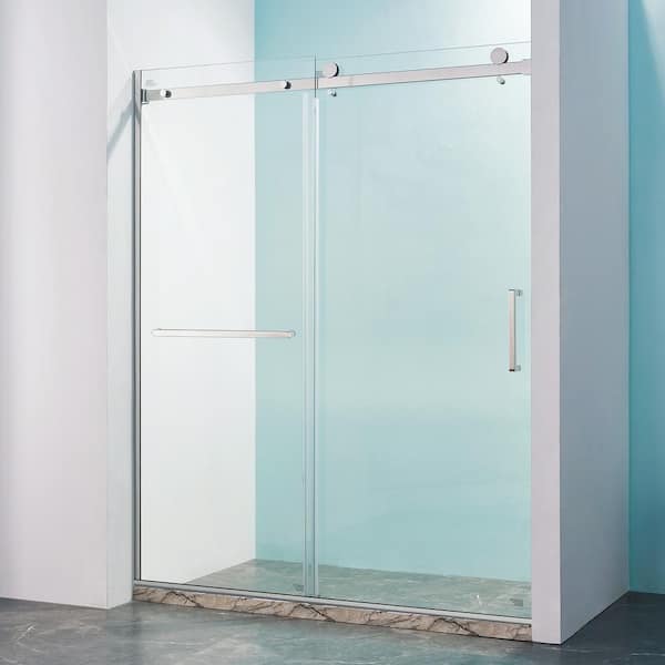 60 in. W x 75 in. H Single Sliding Semi-Frame Shower Door in Brushed Nickel Finish with Clear Glass