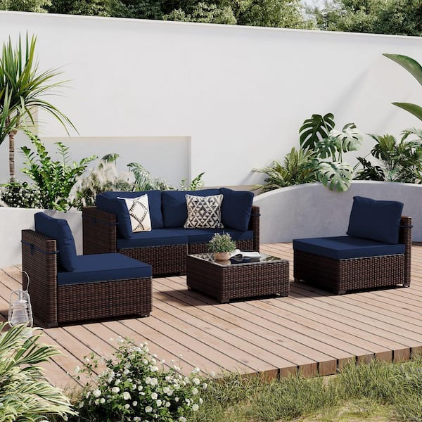 5-Piece Wicker Patio Conversation Seating Set with Navy Blue Cushions and Coffee Table