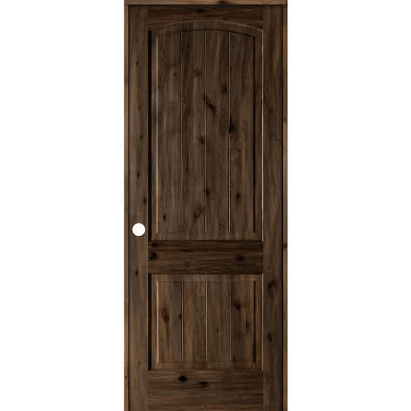 Krosswood Doors 28 in. x 96 in. Knotty Alder 2-Panel Right-Hand Top Rail Arch V-Groove Black Stain Wood Single Prehung Interior Door