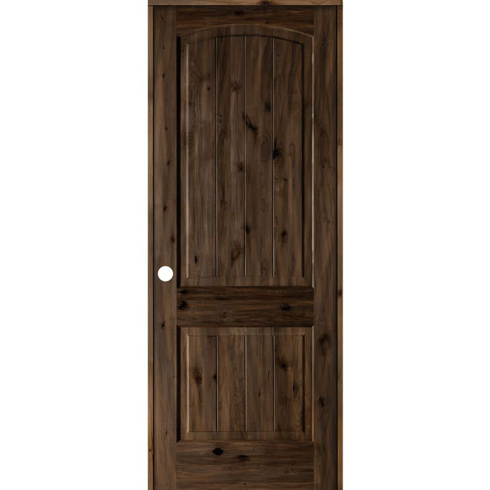 28 in. x 96 in. Knotty Alder 2-Panel Right-Hand Top Rail Arch V-Groove Blac