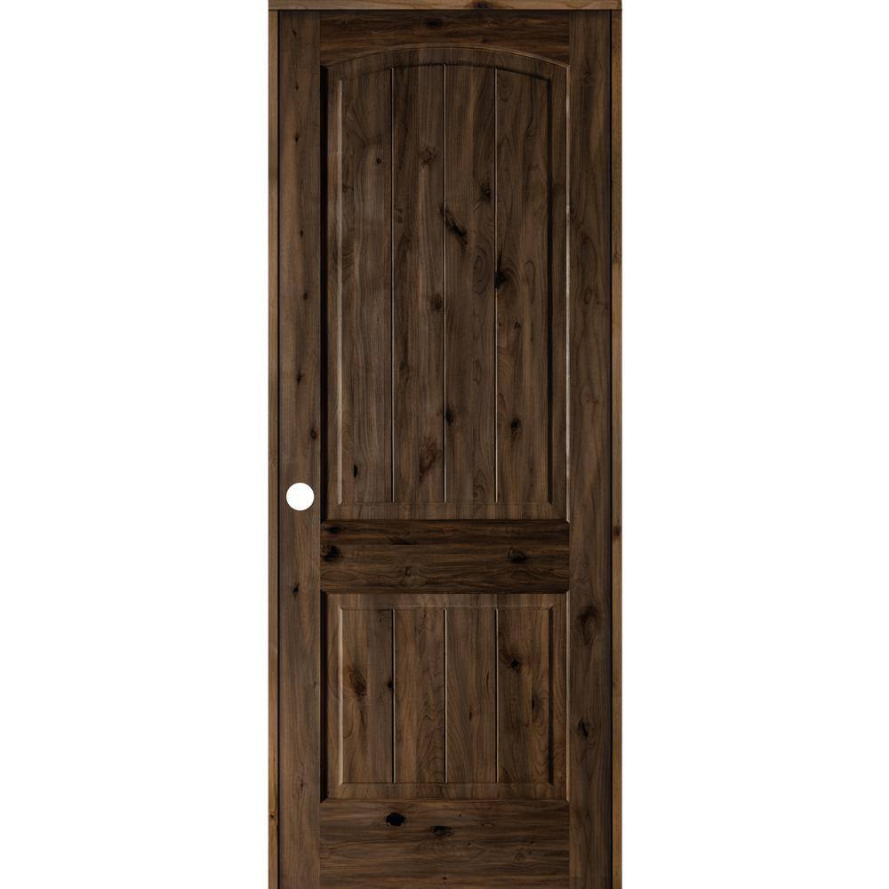 32 in. x 96 in. Knotty Alder 2-Panel Right-Hand Top Rail Arch V-Groove Blac