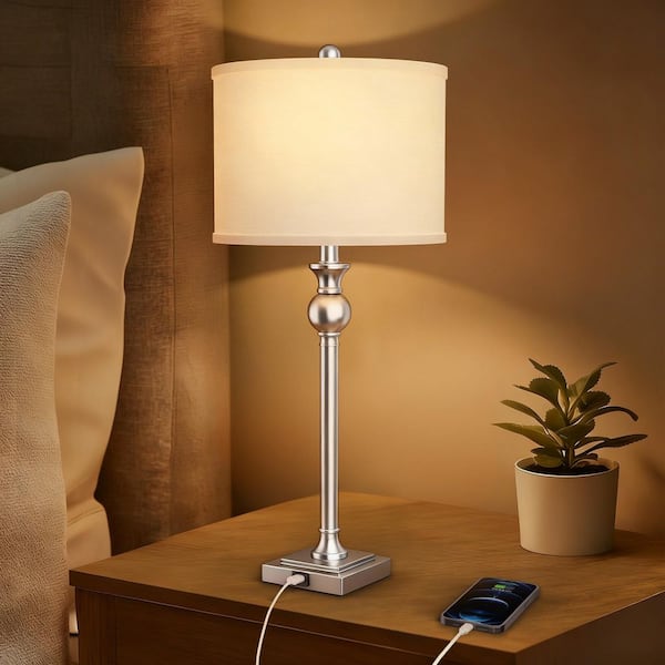 28.5 in. Nickel Modern Metal Bedroom Living Room Bedside Desk Nightstand Tall Table Lamps USB Port (Set of 2)