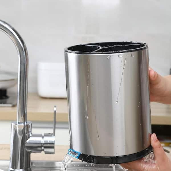 Stainless Steel Utensil Holder in Silver with 360° Rotating Base and Extra Large Storage Capacity