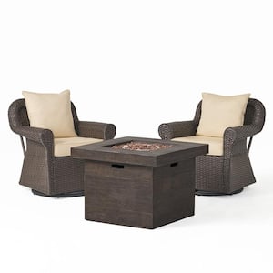 Bonnie 3-Piece Faux Rattan Patio Fire Pit Conversation Set with Beige Cushions