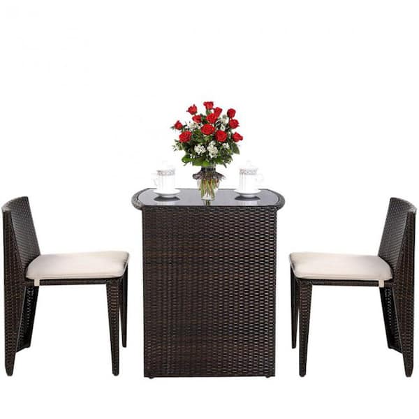 FORCLOVER 3-Piece Steel Frame Wicker Patio Conversation Set with Beige Cushions in Space Saving Design