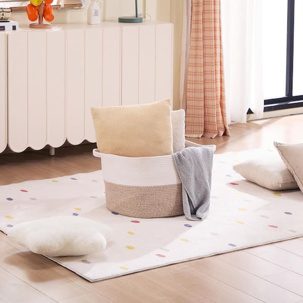 Blanket Basket, Brown, 20 in. x 13 in. Cotton Rope Basket, Decorative Basket with Handles, Round Laundry Hamper Basket