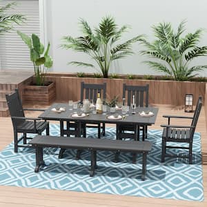 Hayes 6-Piece HDPE Plastic Outdoor Patio Rectangle Table Dining Set with Bench and Armchairs in Gray