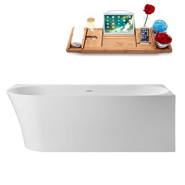 Streamline 67 in. x 31 in. Acrylic Freestanding Soaking Bathtub in Glossy White with Matte Oil Rubbed Bronze Drain, Bamboo Tray