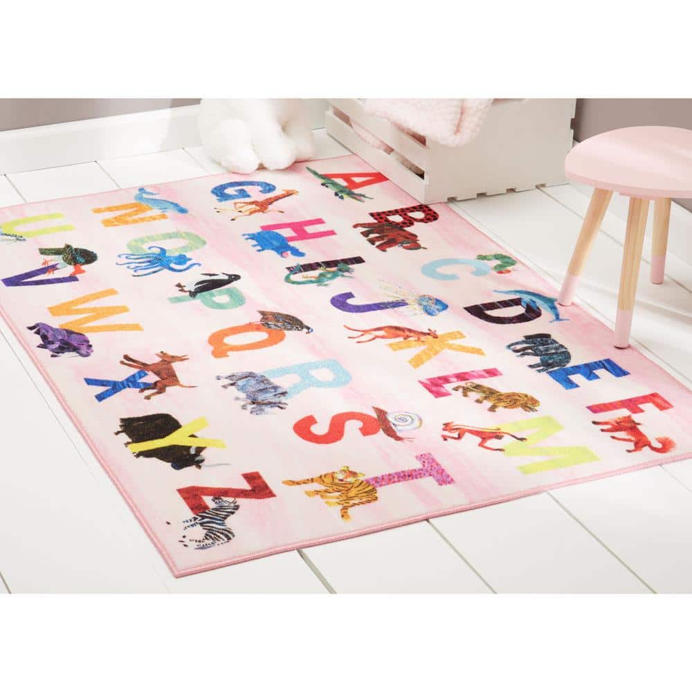 Pink Alphabet Zoo Synthetic Rectangular Kids Area Rug 4' x 6'