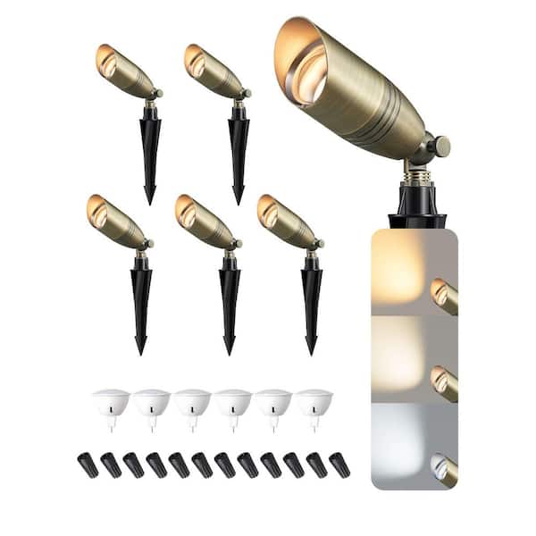 Low Voltage Solid Brass Bronze 12V LED Outdoor Waterproof Landscape Lighting Spotlight with 3CCT MR16 Bulb, 6 Pack