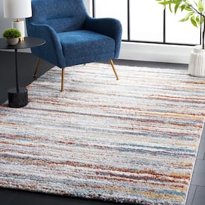 Berber Shag Blue Rust/Ivory 7 ft. x 7 ft. Solid color Striped Square Area Rug