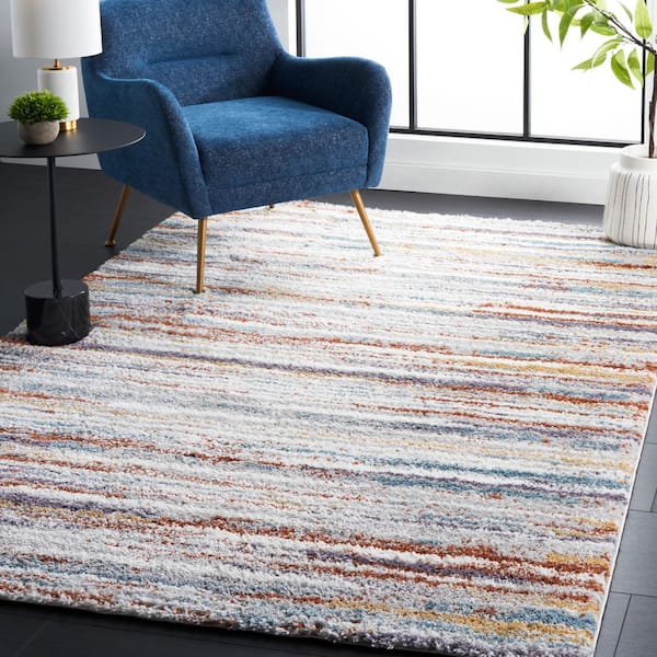 Berber Shag Blue Rust/Ivory 8 ft. x 10 ft. Solid color Striped Area Rug