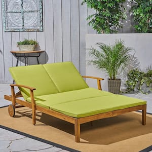 Perla Teak Brown 1-Piece Wood Outdoor Double Chaise Lounge with Green Cushions