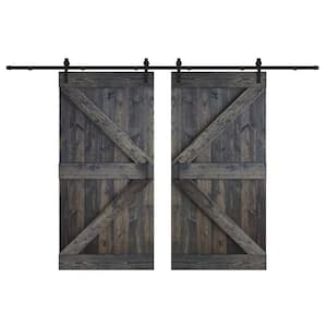 K Series 84 in. x 84 in. Carbon Gray DIY Knotty Wood Double Sliding Barn Door with Hardware Kit