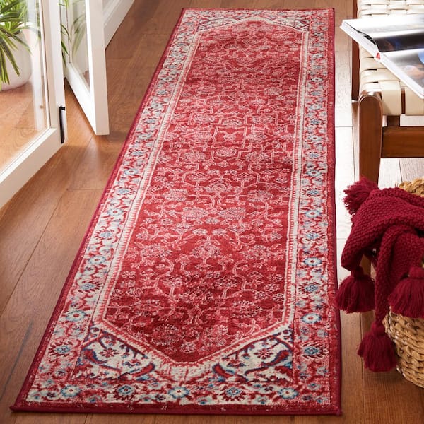 Brentwood 2 ft. x 9 ft. Blue/Red Oriental Ornate Border Runner Rug