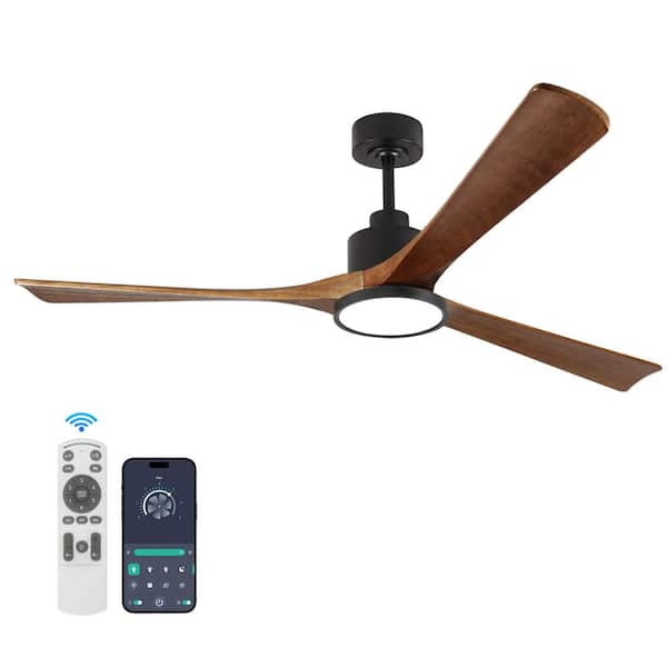 52 Inch Indoor Black Solid Wood 6 Speeds Remote Ceiling Fan with 3 Colors Dimmable LED Light and Reversible DC Motor