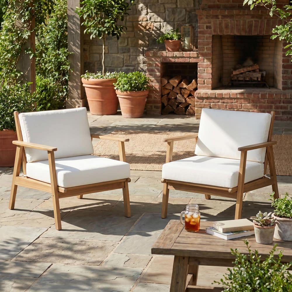 Alexa Mid-Century Modern Light Teak Finish Acacia Wood Patio Outdoor Lounge Chairs with Beige Cushions, Set of 2 price history on PriceWatchPro
