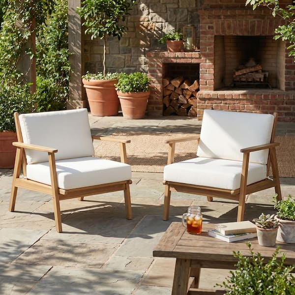 Alexa Mid-Century Modern Light Teak Finish Acacia Wood Patio Outdoor Lounge Chairs with Beige Cushions, Set of 2