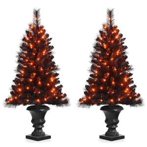 4 ft. Black Pre-Lit Artificial Christmas Tree Potted Xmas with 100 LED Lights (Set of 2)