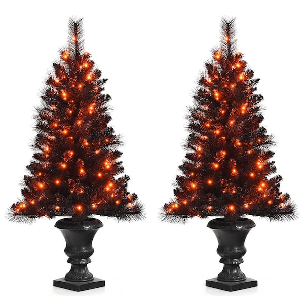 Costway 4 ft. Black Pre-Lit Artificial Christmas Tree Potted Xmas with 100 LED Lights (Set of 2)