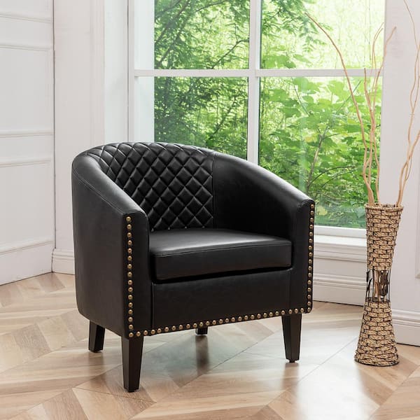 KINWELL Black Modern Faux Leather Upholstered Accent Tufted Club Chair