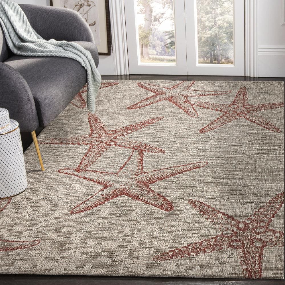 Coastal Charm Coral & Beige Synthetic Indoor/Outdoor Area Rug, 7'9" x 9'5"