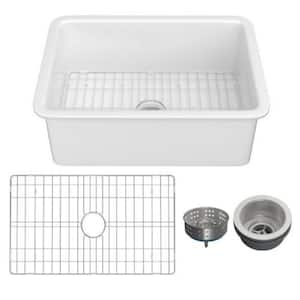 Kitchen Sink 27 in. Drop-In/Undermount Single Bowl White Fireclay with Bottom Grid and Basket Strainer