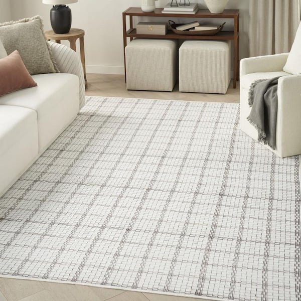 9 ft. x 12 ft. Gray and Ivory Geometric Power Loom Washable Non Skid Area Rug