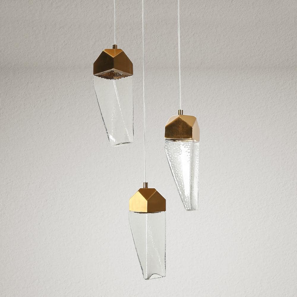 Polished Gold Brass and Crystal 3-Light LED Pendant Chandelier